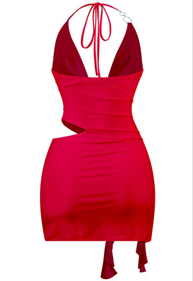 Red Halter Front Slit Mini Dress